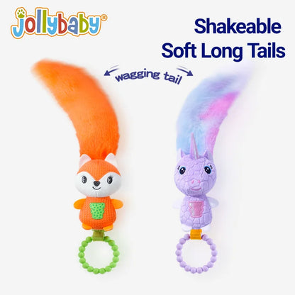 JOLLYBABY Infant Hand Grip Toys Early Development Baby Rattles with Long Animal Tails Soft Sound Handbells