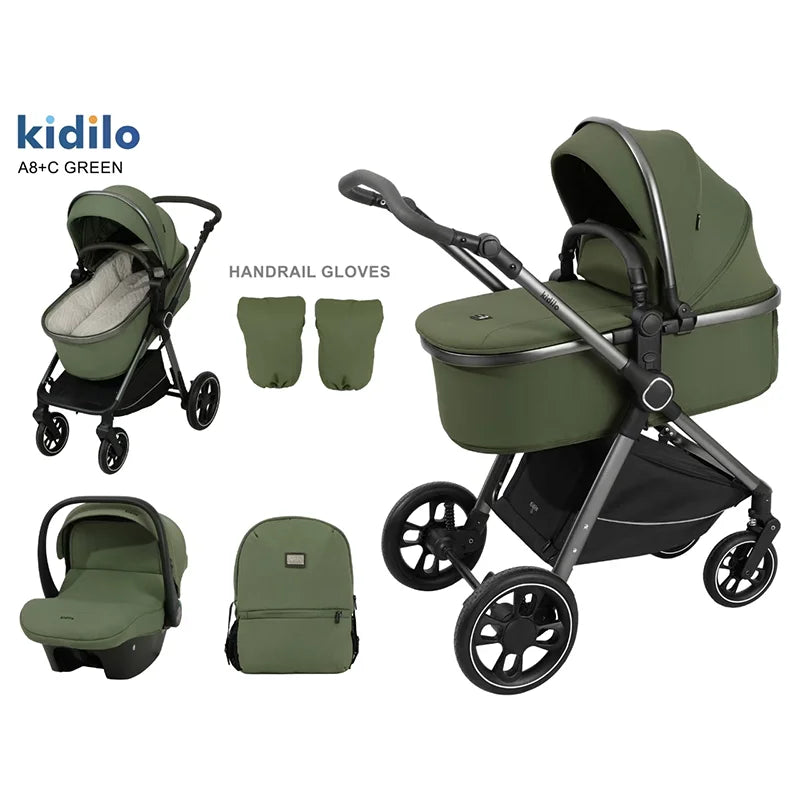 0-3 Years 3 in 1 Kidilo Baby Stroller with Car Seat, Non-Toxic Durable Foldable Travel Stroller for Toddlers Family Trips A8+C