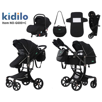 0-3 Years 3 in 1 Kidilo Baby Stroller with Car Seat, Non-Toxic Durable Foldable Travel Stroller for Toddlers Family Trips G600+C