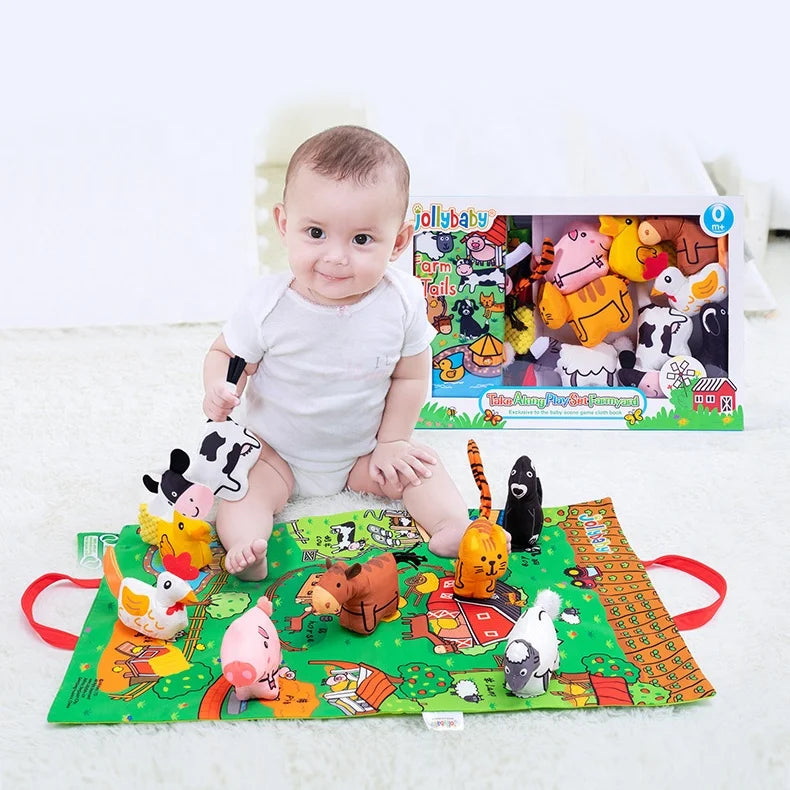 Jollybaby Soft Polyester Animal Dolls Play Mat Set Touch & Feel Soft Animal Tails Cloth Book with Crinkling & Squeaky Features