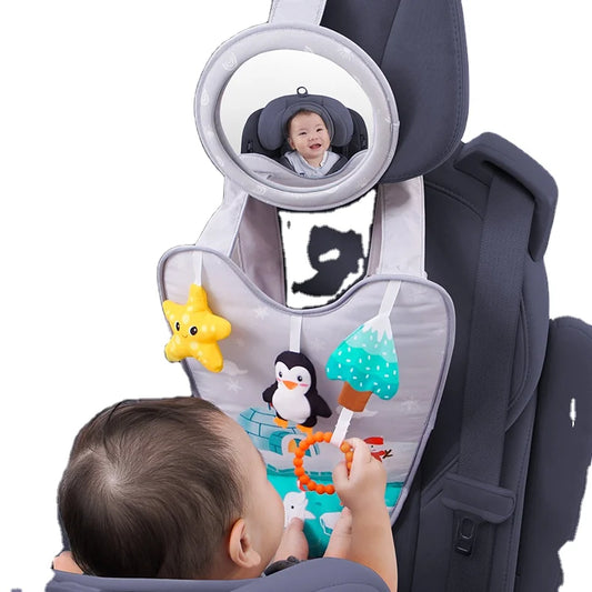 Sozzy Baby Soft Stuffed Travel Car Activity Center Sensory Toys with Music Mirror for Rear Face for Watching Baby in Car Seat